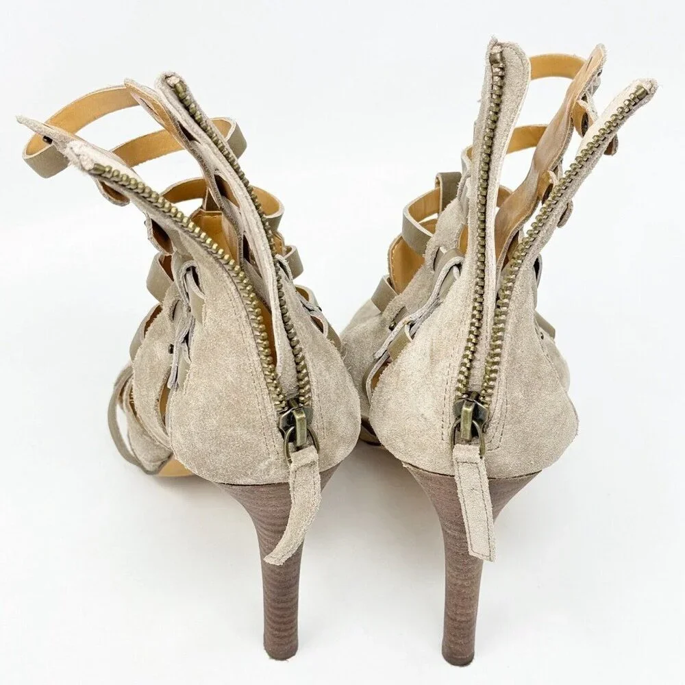 Levity Gladie Strappy Leather Stacked‎ Heel Taupe Gladiator Tan Ankle Mule 8